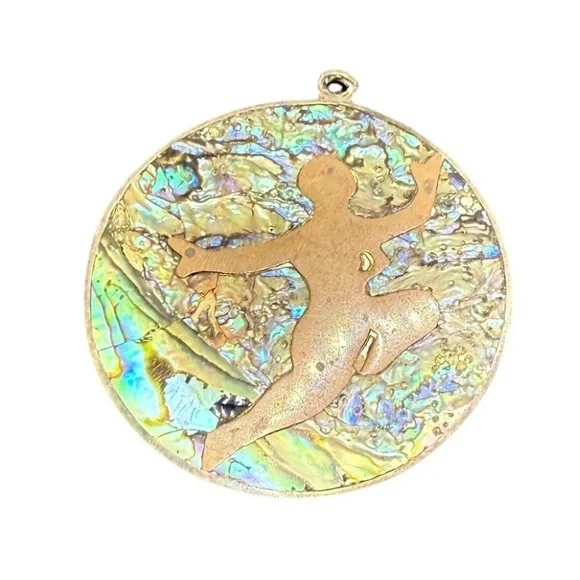 Vintage 925 Sterling Silver Abalone Inlay Dancer Motif Round Mexican Pendant - Picture 2 of 7